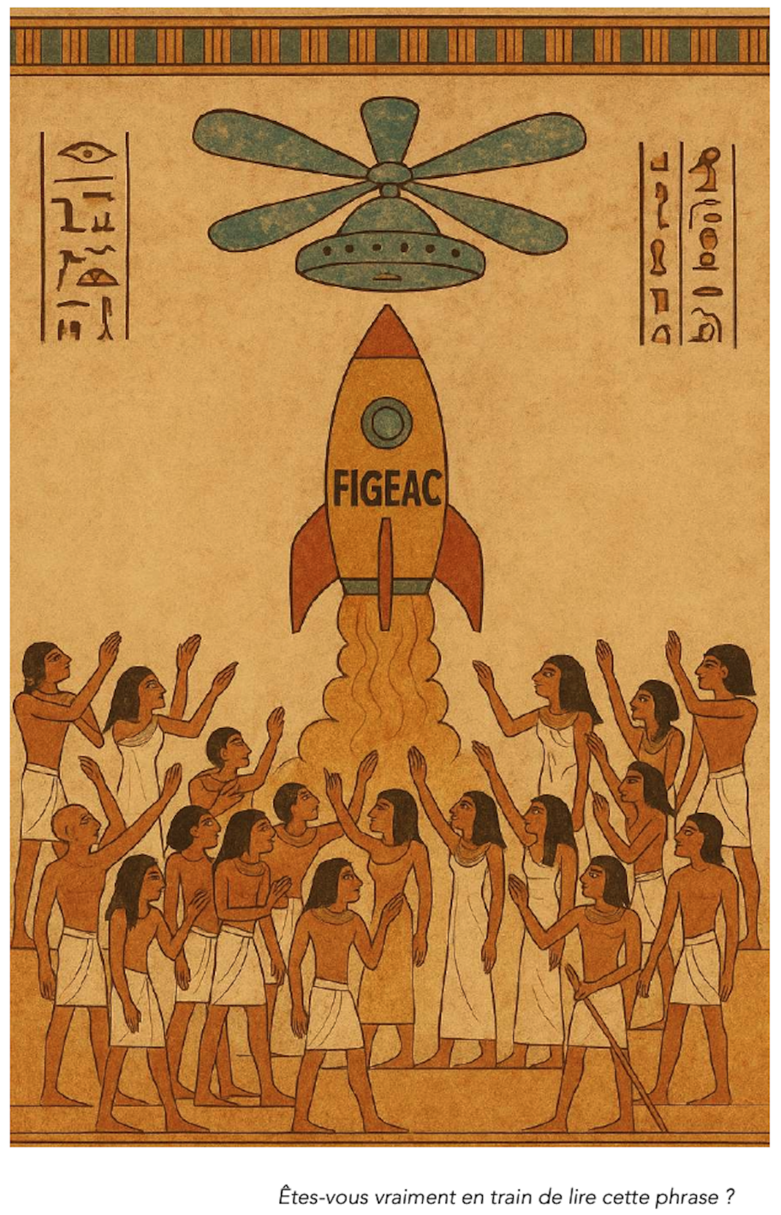 Dans un décor de l'Egypte ancienne, une fusée décolle au dessus de personnages de profil