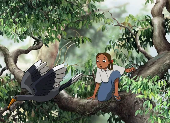 enfant sur une branche avec un oiseau