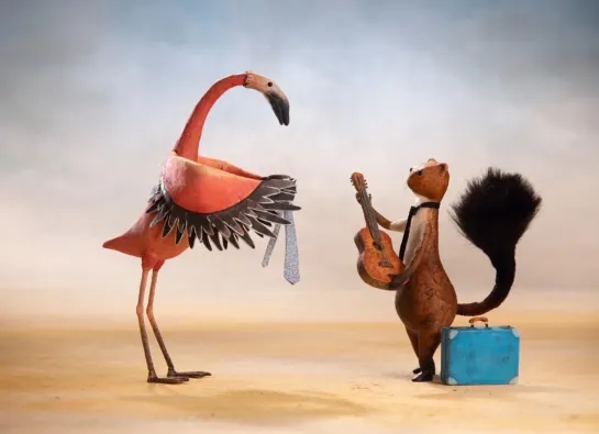 une fouine échange une guitare contre une cravate avec un flamand rose