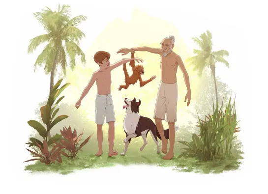 un jeune homme et un vieil homme portent un jeune chimpanzé en compagnie d'un chien