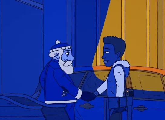 le père noël qui sert la main à un adolescent dans une rue sombre