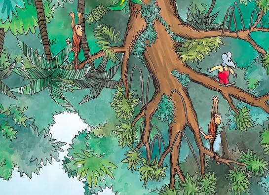 une souris et des singes sur un arbre à l'envers