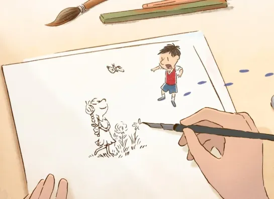 une main dessine les personnages du petit Nicolas qui prennent vie
