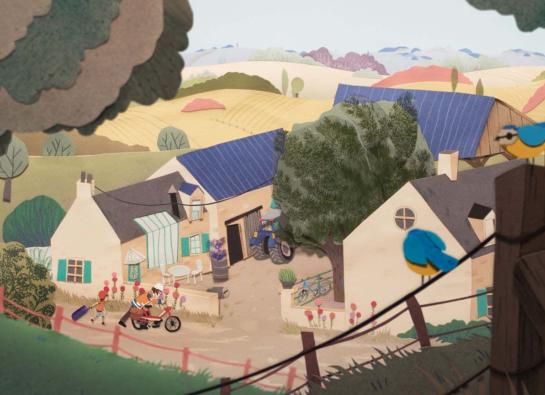vue sur une ferme en papier découpés avec mésanges au premier plan