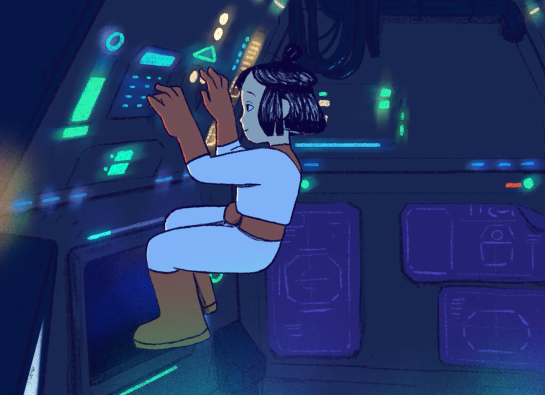 jeune fille dans un cockpit de vaisseau spatial