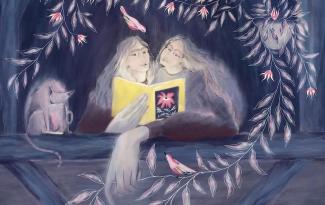 Sur un fond sombre deux filles baignées de lumière sont en train de lire un livre